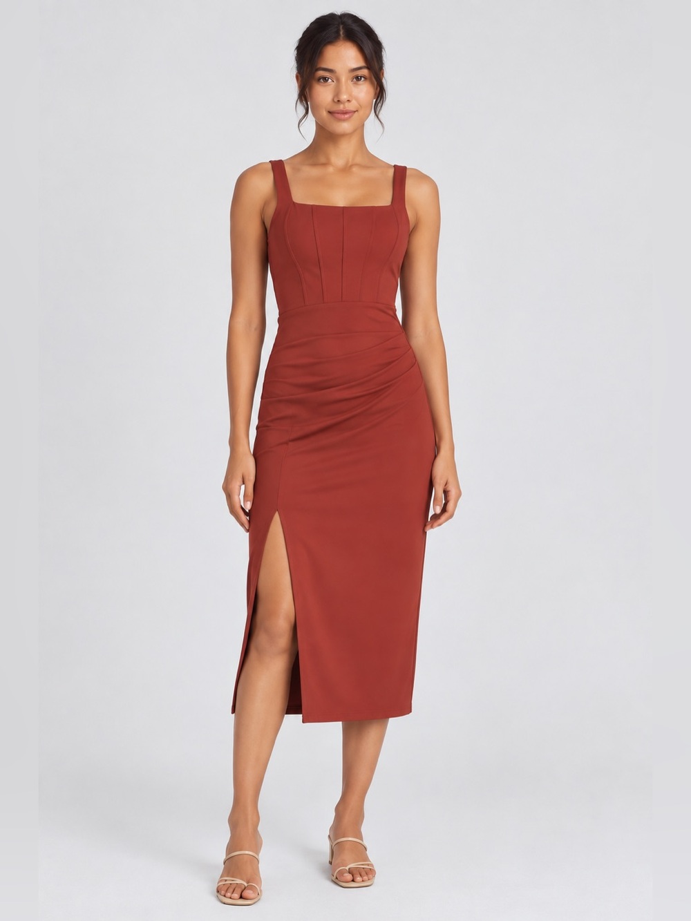 Halara SoftlyZero Airy Square Neck Corset Ruched Bodycon Midi Dress Rust Small
